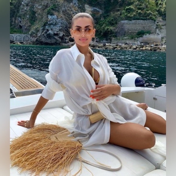 Zara oyster off white ivory shirt dress long mid knot waist bow blogger vacay S - Picture 2 of 11